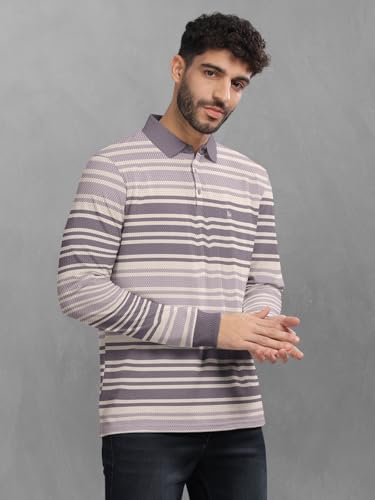 Image of BULLMER Striped Textured Printed Polo Neck Fullsleeve T-Shirt with Rib for Men