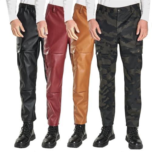 Men's Multi Pocket Punk Rock Faux Leather Pants Casual Pu Cargo Trousers Waterproof Windproof Biker Streetwear2