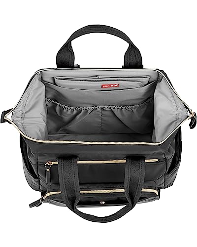 Image of Skip Hop Diaper Bag Backpack: Mainframe Large Capacity Wide Open Structure with Changing Pad & Stroller Attachement, Black with Gold Trim