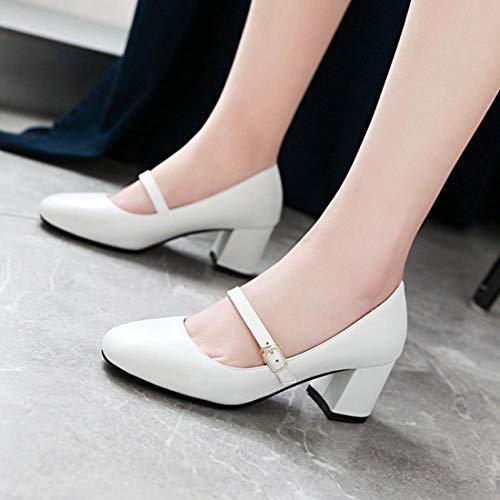 VOKLIN Women's Retro Square Toe Mary Jane Pump Oxford Leather Buckle Strap Chunky Block Mid Heel Dress Shoes4