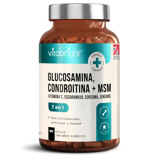 Glucosamina Condroitina MSM Capsulas x 180 | Alta Dosis MSM + Cúrcuma, Jengibre, Rosa Mosqueta | Sulfato de Glucosamina Y Condroitina Articulaciones Suplementos | 3 Meses | VitaBright