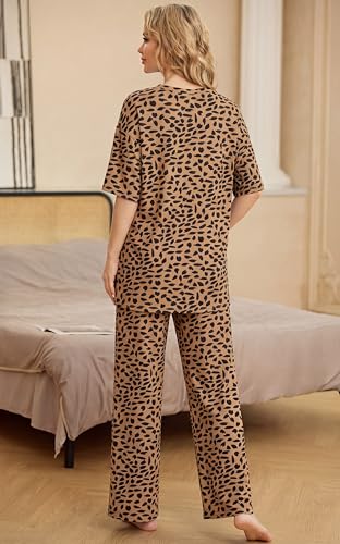 Image of PrinStory Womens Pajamas Sets 2 Piece Lounge Set Short Sleeve Tops and Long Pants Soft Pjs Loungewear with Pockets