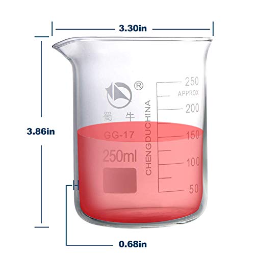 Rngeo Glass Beakers, Pack of 6 Low Form Measuring & Droppers Set, 3 Graduated Griffin Beakers in 3 Sizes with Scales, 250ml, 100ml, 50ml, 3 Glass Droppers Without Scales (3ml per Drop) by Rngeo - Image 2