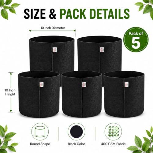 Image of Casa De Amor 400 GSM Geo Fabric Plant Grow Bag, Back 10 x 10 Inch Pack of 5, Round Fabric Pots for Terrace, Balcony, Flowers & Vegetable Gardening