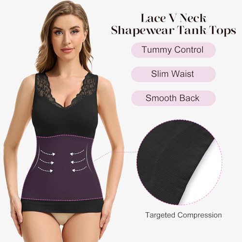 Tummy Control Shapewear Tank Tops with Built in Bras Lace V Neck Compression Camisole Tops Shaper Cami for Women2