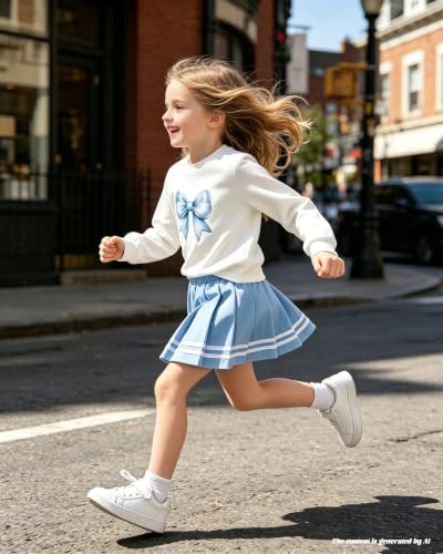 Image of Betusline Girls Skirt Set JK School Uniform 2-Piece Outfit - Short Sleeve & Webbing Solid Skirt,4-14Y