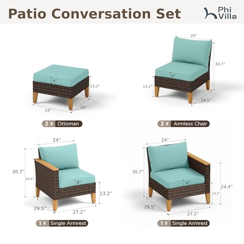 PHI VILLA 7-Piece Outdoor Wicker Patio Conversation Set, Rattan Sectional Daybed Furniture Patio Set for 7 Seats with Cushioned 3 x Armrest Chair, 2 x Ottoman and 2 x Armless Sofa, Blue - Image 2