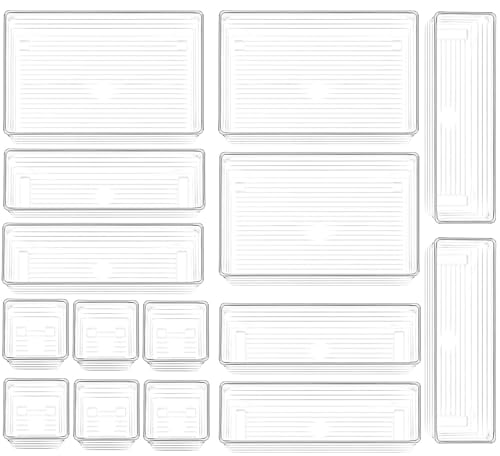 15 PCS Clear Plastic Drawer Organizer Set, 3 Sizes Desk Drawer Di...