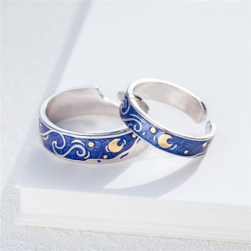Miniatura 3 de 2 anillos de estilo vintage Van Gogh cielo estrellado pareja noche estrellada Van Gogh anillos abiertos para mujeres niñas vintage plata ajustable