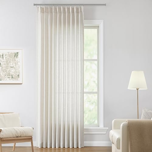 Image of Vision Home Natural Pinch Pleated Semi Sheer Curtains Textured Linen Blended Light Filtering Window Curtains 112 inch for Living Room Bedroom Patio Pinch Pleat Drapes with Hooks 1 Panel 60 inch Wx112 L