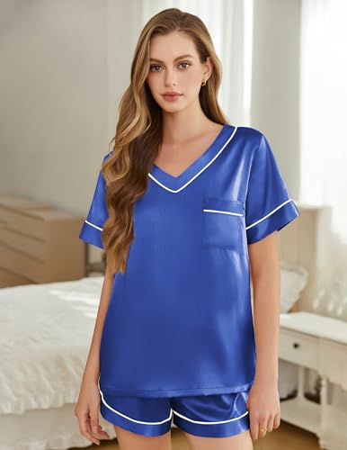 Image of Silk Pajamas for Women Short Sleeve Satin 2 Piece Pj Set Soft V Neck Sleepwear Loungewear, S-XXL