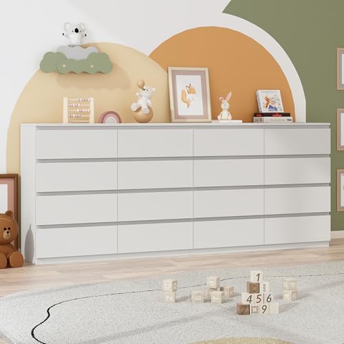 jiteentaro White Malm Dresser for Bedroom 87 Inch Oversized 16 Drawers Dresser TV Stand for 85/90/95Inch TV Stand Modern Large Wood Chest of Drawers with Charging Station Living Room Entryway White