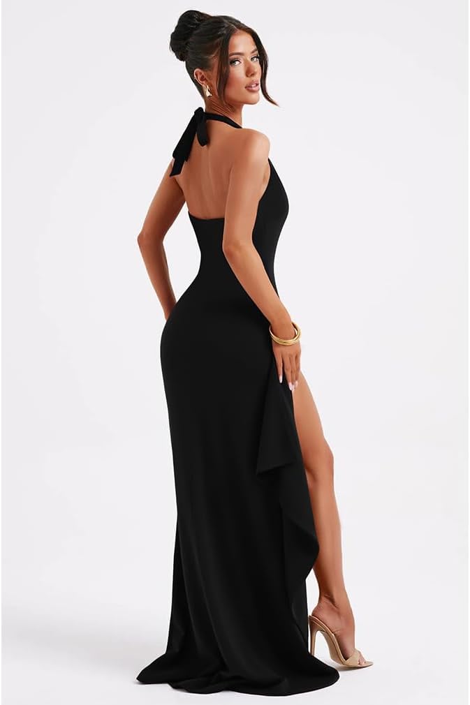 LAGSHIAN Women's Sexy Deep V Neck Halter High Split Backless Cocktail Party Formal Maxi Dress - Image 2