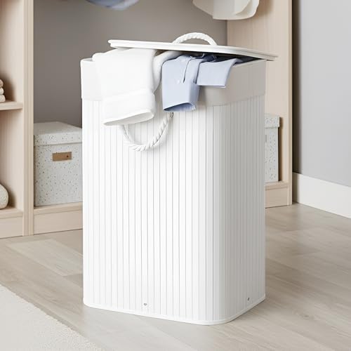 Image of iBELL White Foldable 72 Litre Square Bamboo Laundry Basket with Lid | Travel Essential cloth basket | Solid Laundry Basket | Toy storage organiser |(35.5L x 35.5W x 57H)