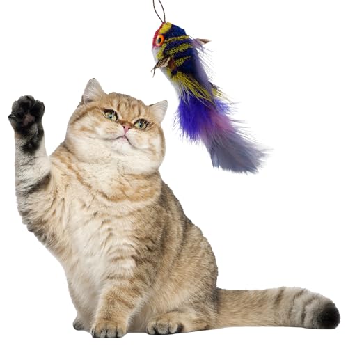 Kat Fly Cat Wand Refill Teaser Toy - Interactive Cat Wand Toy Attachment with Real Feathers - Fish (Blue)