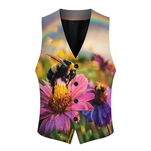 _Bee Impressionism Rainbow Men's Suit Vest Waistcoat Vests Formal Dress with 2 Pockets for Business Casual Tuxedo3