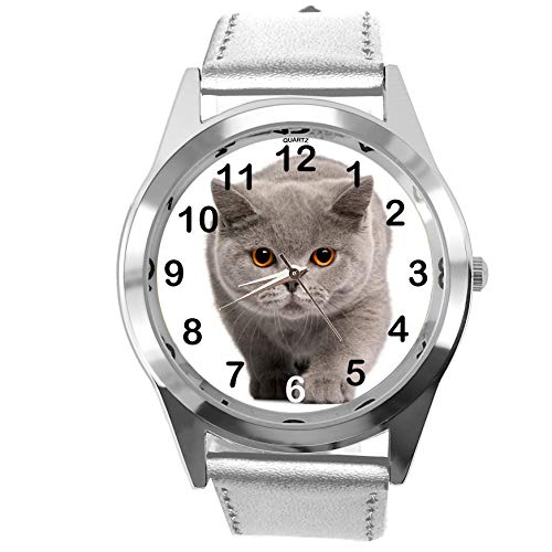 TAPORT® Montre ronde en cuir argenté pour les fans de British Shorthair CAT, Argenté., Classique