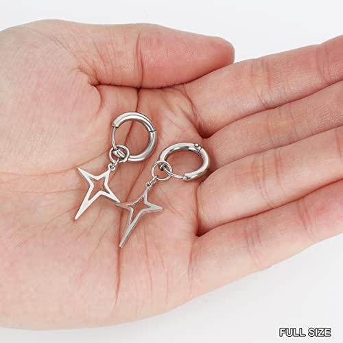 Star Earrings Men Stainless Steel Small Hoop Earring Dangle Adult Fashion Huggie Piercing Jewelry Earrings for Party Birthday Gift, Silver3