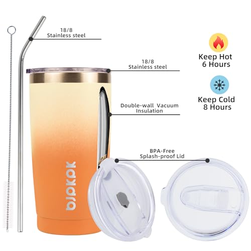 Image of BJPKPK 20oz Coffee Tumbler with Lid & Straw, Insulated Stainless Steel Mug | Double Wall Vacuum, Keeps Hot /Cold, BPA Free, Leak Proof, Iced Coffee Cup Fit Car Holder, Travel & Beach, Coral