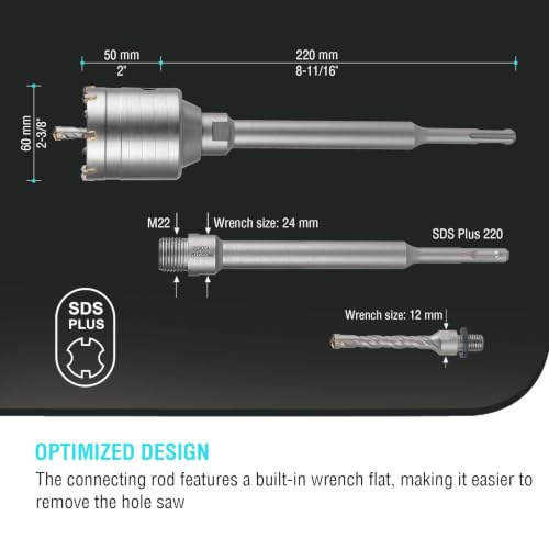 Image of BINOTA 60 mm (2-3 /8 inch) Concrete Hole Saw with SDS-Plus Shank | Tungsten carbide drill bit; SDS-Plus shank (220 mm); Cross-type center drill; Dry drilling for concrete /brick /stone /masonry