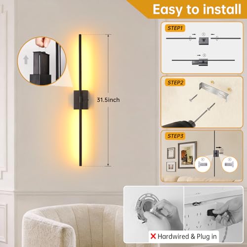 Image of Shenmoyl Battery Operated Wall Sconce Set of 2, 10000mAh Rechargeable Wall Sconces with Detachable Battery, Indoor 350Rotate Wall Lights for Bedroom Living Room, Black, 31.5 Inch