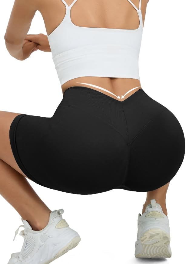 Women Workout Shorts V Back Seamless High Waisted Butt Lifting Scrunch Gym Yoga Biker Shorts - Image 3