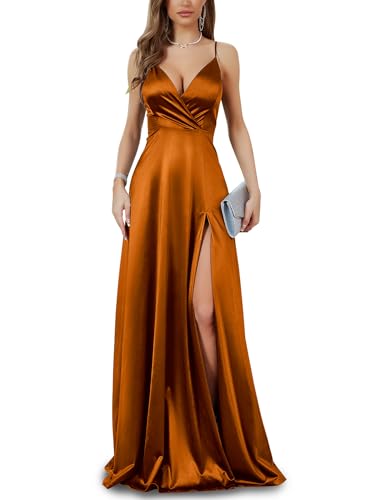 Image of MUXXN Women's Gorgeous Spaghetti Strap V Neck Stain Split Evening Party Maxi Dress