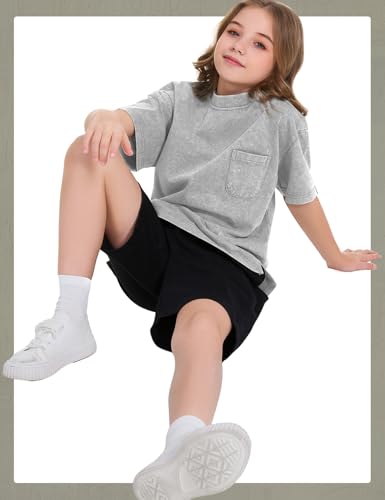 Image of COZYPOIN Unisex Kids Vintage Acid Wash Cotton Tees Crew Neck 3-16Y | 100% Cotton Boys Oversized T Shirt, Crew Neck, Short Sleeve, Front Pocket, Vintage Acid Washed Kids Tees for Boys Girls