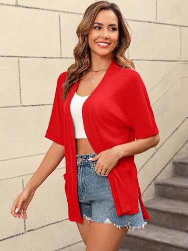 Image of Women's Lightweight Open Front Cardigans Short Sleeve Casual Soft Sheer Cardigan S-2XL with Pockets