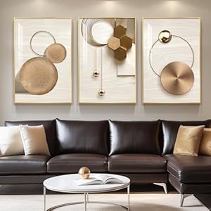 Large Framed Modern Luxury Gold Wall Art for Living Room, 3 Piece Bright Style Art Prints Paintings Artwork for Walls, Bronze Gold Geometric Pictures for Hallway Stair Office Wall Decor 24×36 In