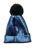Expédition depuis la Chine ACVIP Bonnet à pompon chaud en tricot métallique à paillettes avec pompon synthétique - Bleu - Taille Unique