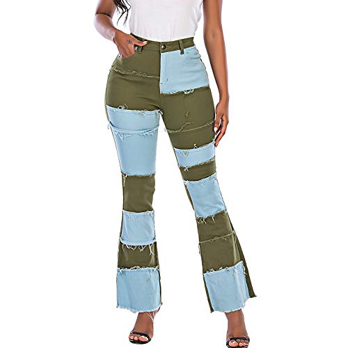 THUNDER STAR Women Patchwork Flare Jeans Stretch High Waisted Bell Bottom Raw Hem Denim Pants Green S