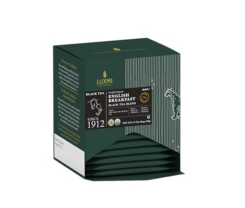 Image of LUXMI Estates English Breakfast Tea 15 Tea Bags (30 Gram) Get A Pack Of 6|A Tale Of Two Estates|Certified Organic Black Tea Leaf|Smooth, Flavorful, Robust, Caffeinated|Darjeeling & Assam Tea
