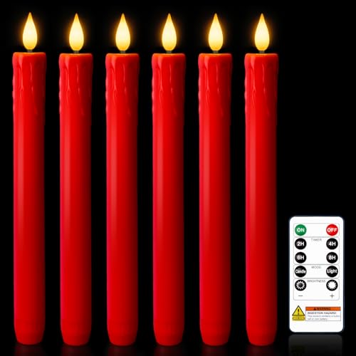 Image of Homemory 6 Pcs Real Wax Made Flameless Taper Candles with Remote and Timer, Red Battery Operated Candlesticks Flickering, 9.6 inch Led Taper Candles with Lifelike Flame for Xmas Home Date Decor
