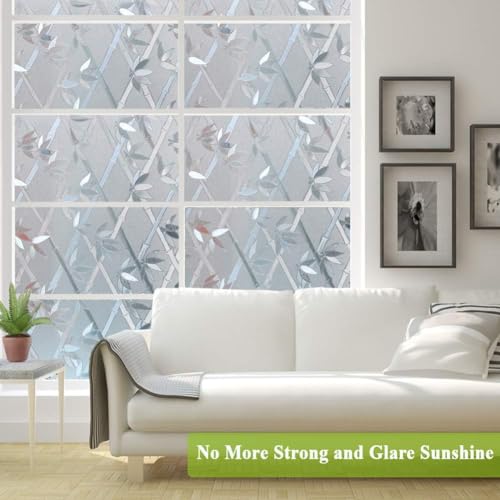 Image of ELTON 3D Window Films Privacy Film Self Adhesive Decorative Film For Bathroom Door Window Heat Control Anti Uv 16 X 48 Inches (Cross Bamboo), White
