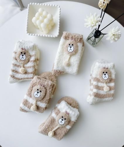 Image of 5 Pairs Fuzzy Socks for Women, Winter Thickening Coral Velvet Cozy Socks, Warm Home Sleeping Socks, Cute Animal Slipper Socks