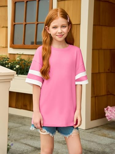 Image of Girls Oversized T Shirts Kids Summer Striped Short Sleeve Tops Casual Crewneck Tees 5-14 Years