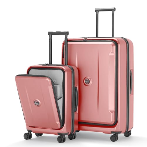 Image of Luggage Sets 2 Piece, Carry On Luggage with Front Pocket & USB Port and 28 Inch Expandable Checked Luggage with Top Opening, Durable PC Hardside Suitcases with Spinner Wheels & TSA Lock, Pink (20 /28)