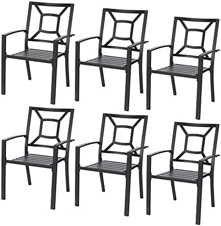 PHI VILLA 6 Pcs Metal Outdoor Dining Chairs with Armrest, Set of 6 Portable Wrought Iron Patio Dining Chairs, Stackable Indoor/Outdoor Black Chairs for Garden Backyard, Supports 300 lbs