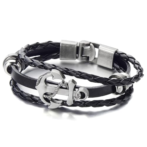 Pulsera de cuero trenzado ancla negro COOLSTEELANDBEYOND miniatura 1
