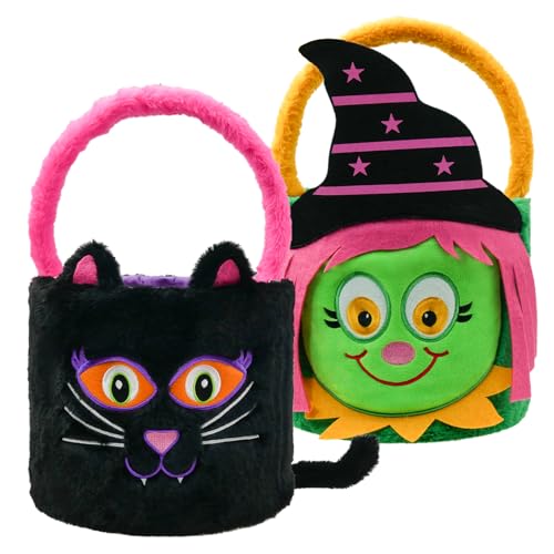 Image of Dia 7.9 inch * H 15.7 inch, Plush Halloween Baskets Trick or Treat Bags Halloween Candy Bucket, Gift Bucket for Party Favor Supplies (2Pcs-Witch&Black Cat)