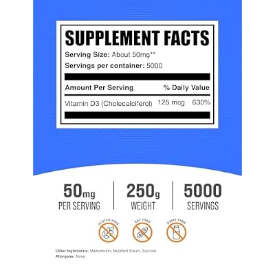 BulkSupplements.com Vitamin D3 Powder - Cholecalciferol, Vitamin D Supplements, 5000 IU - Gluten Free, 50mg (125mcg of Vitamin D3) per Serving, 250g (8.8 oz) (Pack of 1)