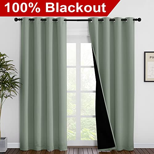 Image of NICETOWN 100% Blackout Window Curtain Panels, Cold and Full Light Blocking Drapes with Black Liner for Nursery, 86 inches Drop Thermal Insulated Draperies (Greyish Green, 2 Pieces, 55 inch Wide per Panel)