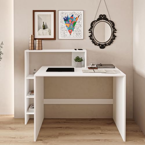 Amber Çalışma Masası – Raflı, Beyaz, Modern Bilgisayar Masası