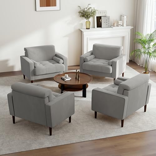 Image of Corduroy Accent Chairs Set of 2, Modern Upholstered Living Room Arm Chair Bedroom Reading Armchair with Bolster Pillows, Mid-Century Track Armrest Tufted Single Sofa Seat (Light Gray)