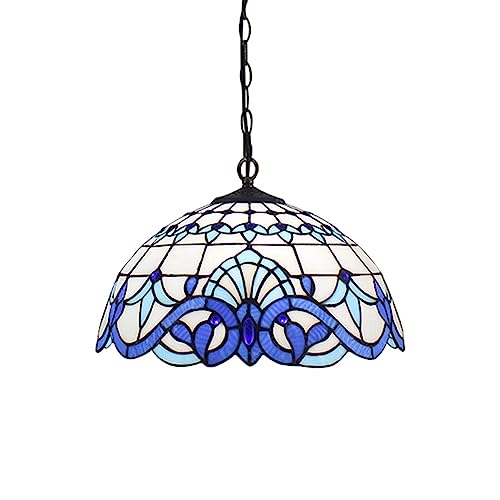 Lustre tiffany blanc et bleu de 40 cm pour salon et cuisine