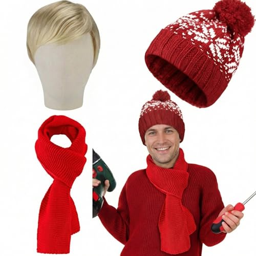 Xtinmee 3 Pcs Christmas Home Cosplay Christmas Funny Movie Costume Red Fair Isle Beanie Hat Blonde Wig Soft Knitted Warm Scarf Winter Accessories