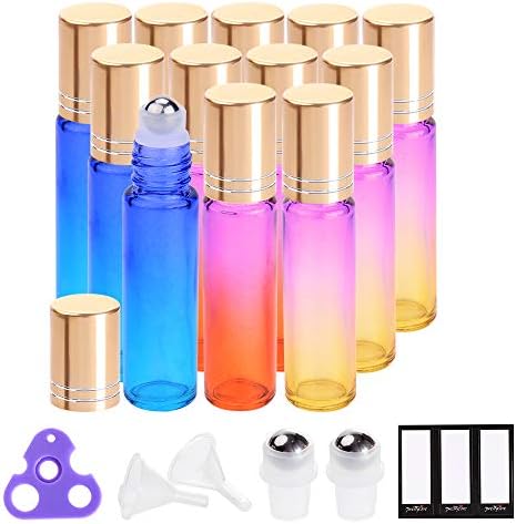 Essential Oil Roller Bottles 10ml by PrettyCare (12 Pack Rainbow Glass, Golden Cap, 24 Labels, 2 Extra Roller Balls, Opener, 2 Funnels) Roller Balls for Essential Oils, Roll on Bottles