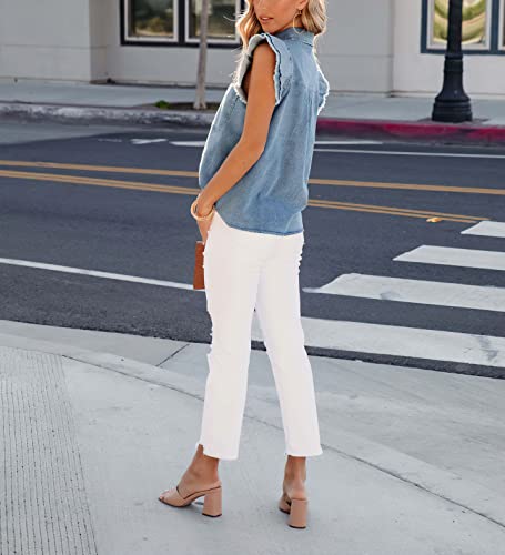 Women's Denim Top Casual Distressed Button Down Cap Sleeve Ruffle Blouses Summer Sleeveless Collared Jean Shirt2