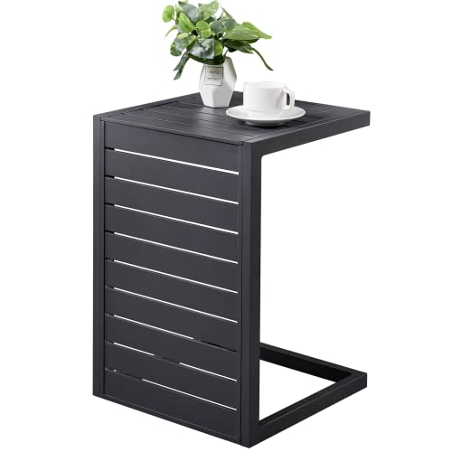 RICNOD Outdoor Side Table, Patio C-Shaped Multifunctional End Table, Aluminum Frame, Grey